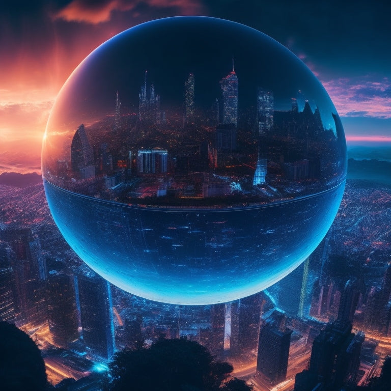 A futuristic, neon-lit cityscape at dusk with a giant, glowing globe at its center, surrounded by swirling clouds of code and circuitry patterns.