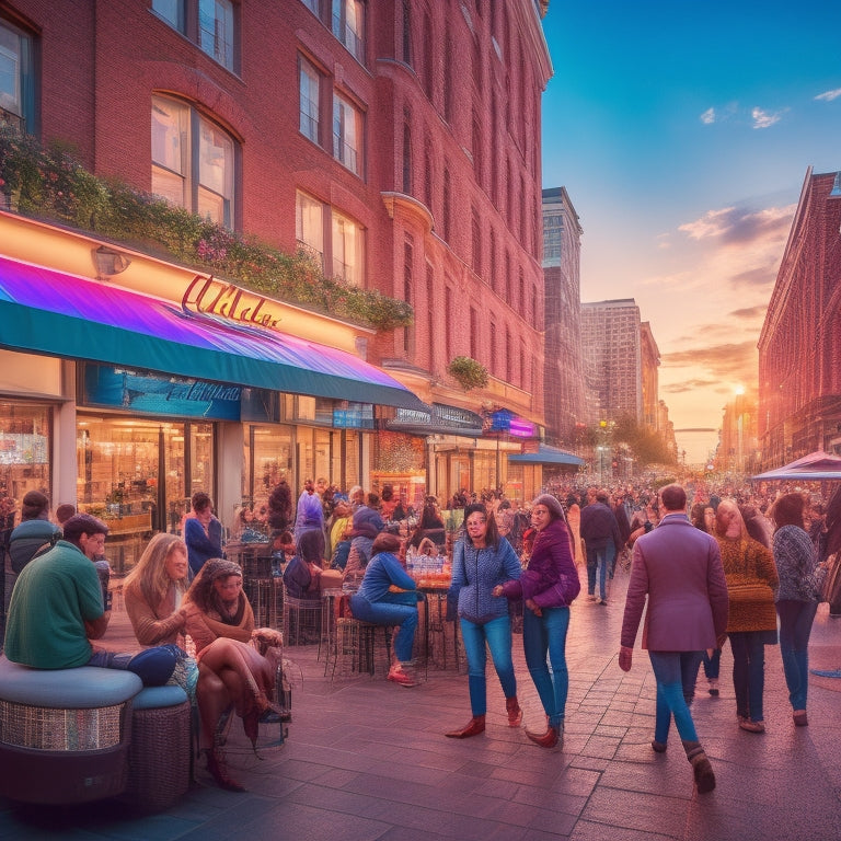 A vibrant, sunset-lit streetscape of the revitalized CLA-ZEL building, with neon signs, trendy outdoor seating, and a bustling crowd of diverse, fashionably-dressed people mingling and laughing together.