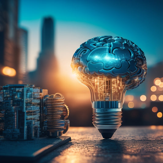 A puzzle piece-filled brain surrounded by glowing light bulbs, gears, and cogs, with a subtle cityscape or futuristic background, conveying innovative problem-solving and critical thinking.