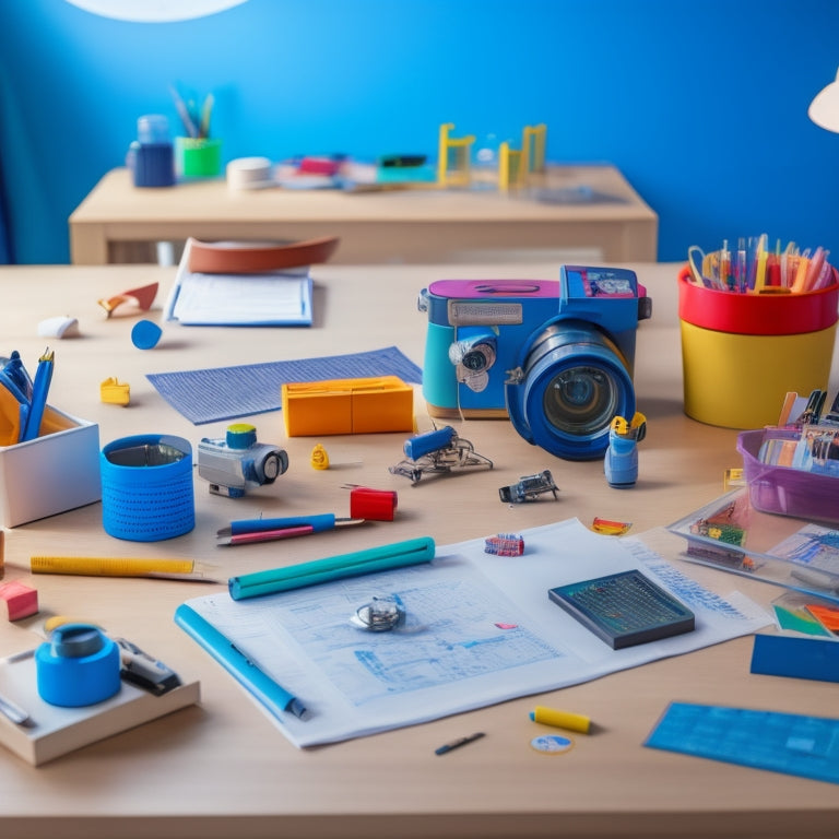 A colorful, clutter-free desk with various learning kits and materials, including a microscope, building blocks, and a robotics kit, surrounded by scattered diagrams and blueprint papers.