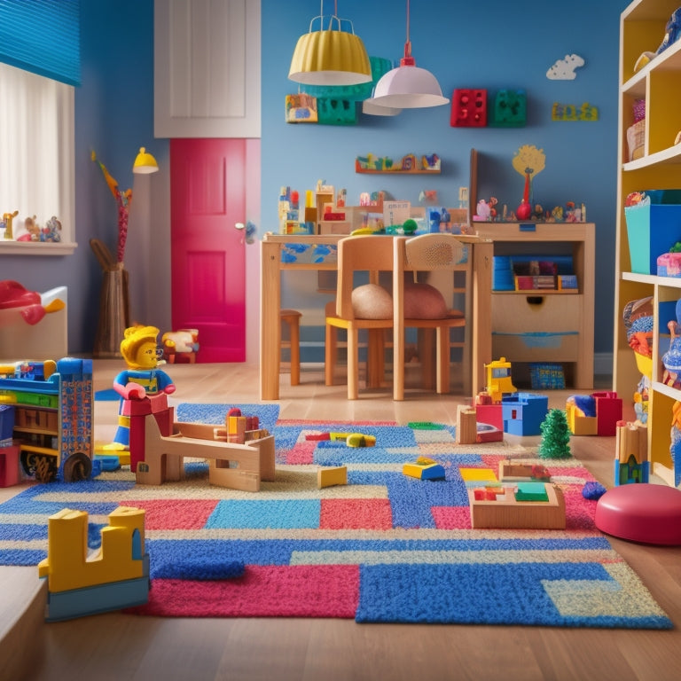 A colorful, clutter-free playroom with assorted toys and materials, including wooden blocks, puzzles, LEGO bricks, Magna-Tiles, and brain teasers, arranged to convey creativity and problem-solving.