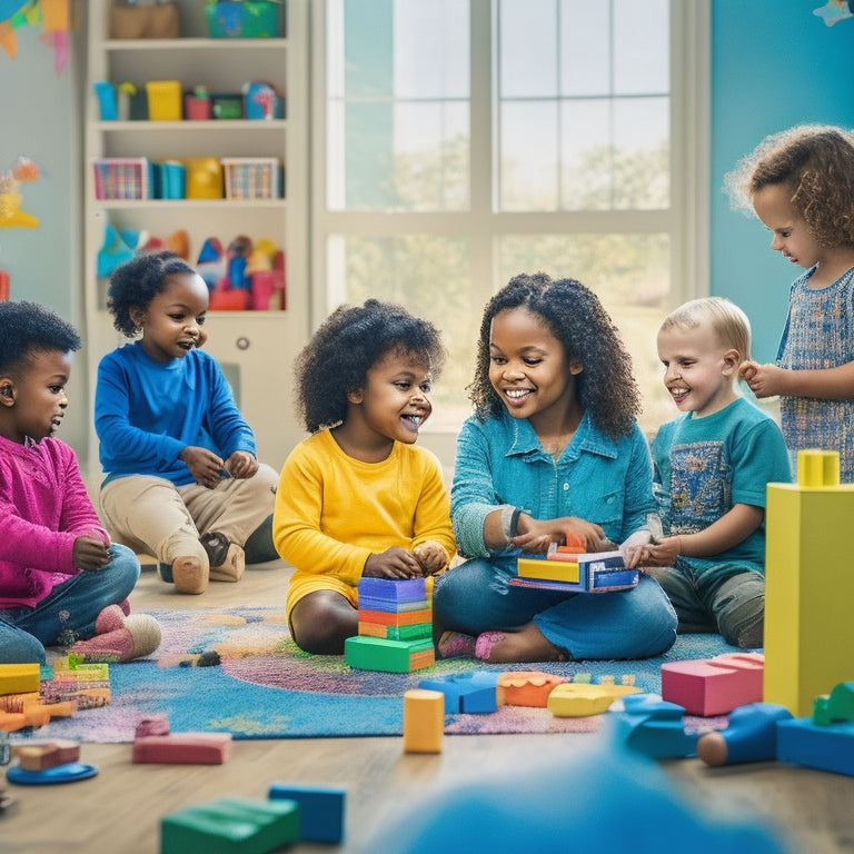 A colorful, clutter-free playroom scene featuring a diverse group of happy 5-year-olds engaging with various toys, including building blocks, art supplies, and a kid-friendly microscope, surrounded by soft natural light.