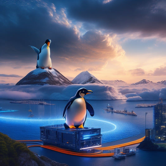 A futuristic landscape with a giant, glowing Linux penguin standing in front of a stylized, swirling cloud formation, surrounded by orbiting servers, wires, and circuit boards.
