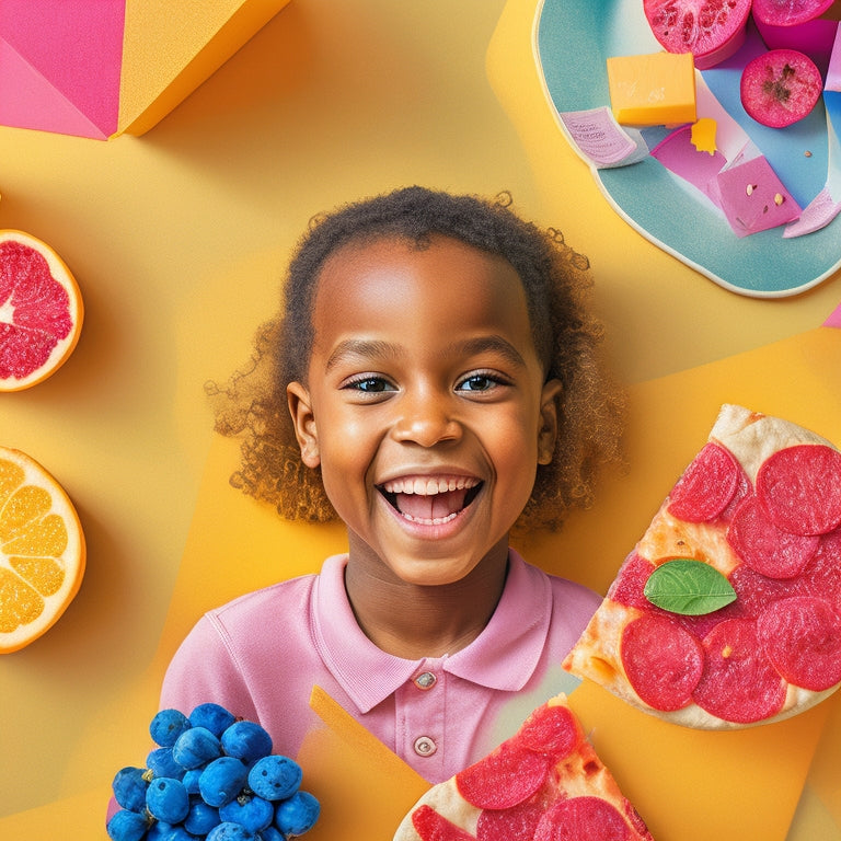 A colorful, clutter-free illustration of a smiling Grade 1 student surrounded by playful fraction visuals: pizza slices, divided fruit, and blocks with different shaded parts.