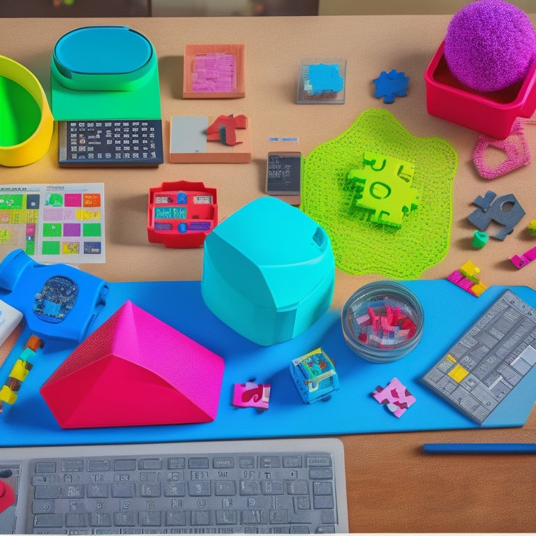 A colorful, clutter-free desk with various digital STEM toys, including a coding robot, a math-focused tablet, and a geometric puzzle, surrounded by scattered math worksheets and pencils.