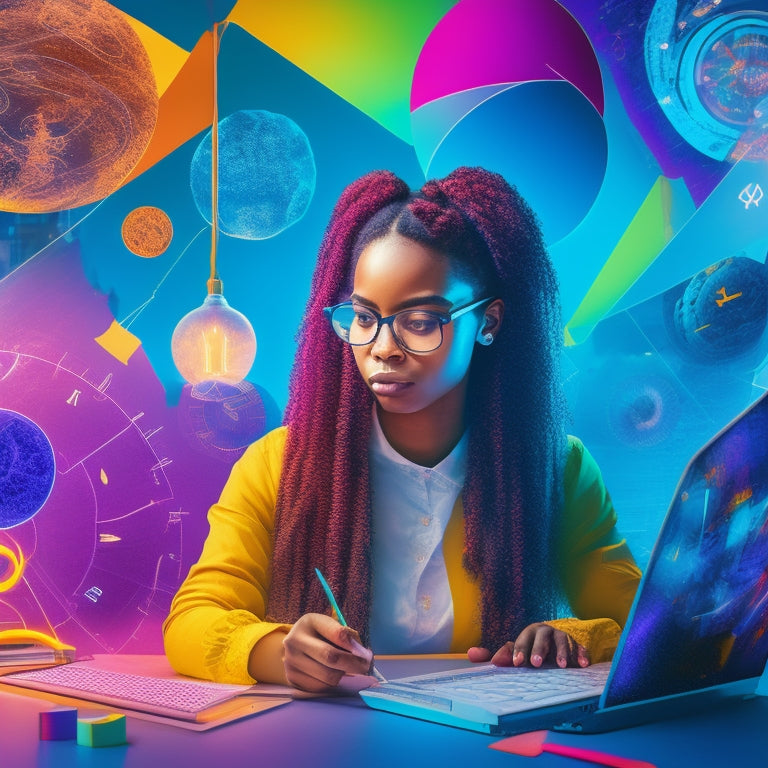 A colorful illustration of a bilingual student surrounded by digital devices, with math symbols, graphs, and charts swirling around them, blending traditional and digital math tools in a vibrant, futuristic atmosphere.