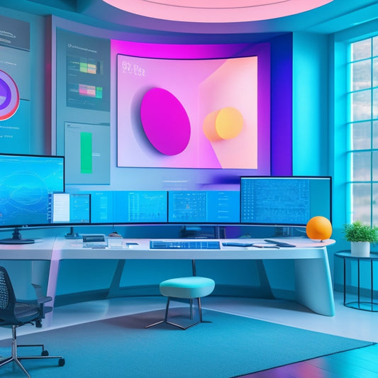A futuristic, minimalist workspace with a large, curved screen displaying a math problem, surrounded by scattered digital devices, colorful sticky notes, and a few 3D shapes, amidst a subtle grid background.