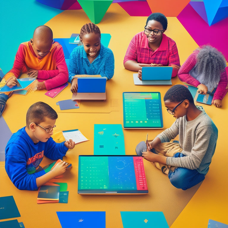A colorful illustration of a diverse group of special needs students engaged in online math lessons, surrounded by laptops, tablets, and assistive technology devices, with geometric shapes and math symbols floating in the background.