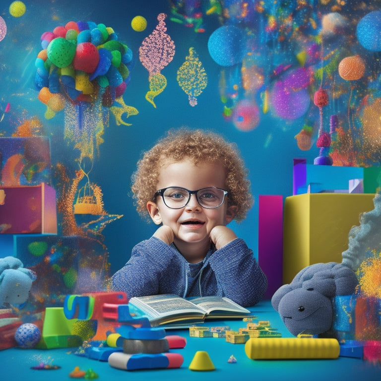 A vibrant, colorful illustration of a curious child surrounded by puzzles, brain teasers, and educational toys, with neurons and sparks flying out of their brain, symbolizing cognitive growth.