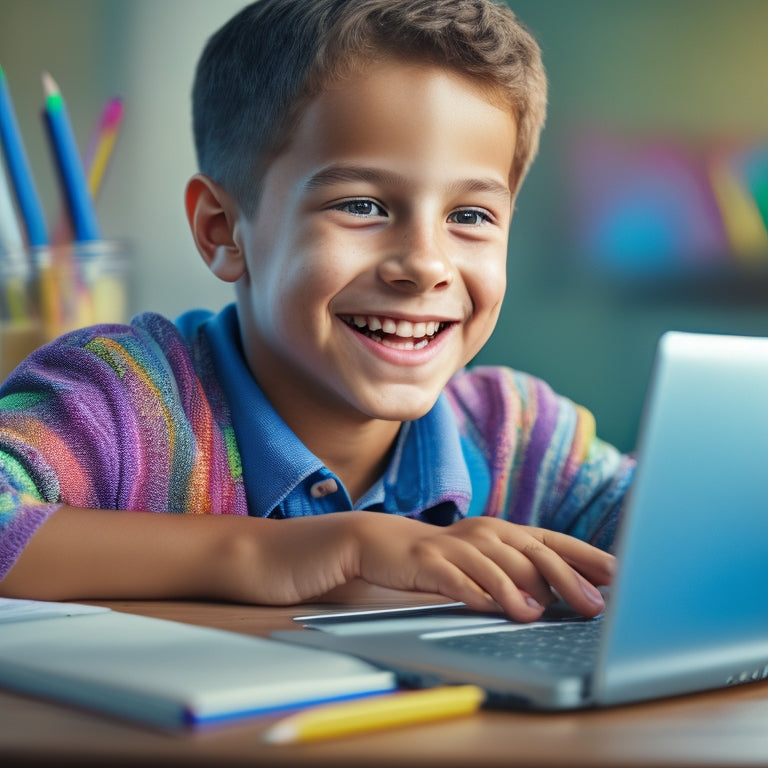 A smiling 5th grader sitting in front of a laptop, surrounded by colorful textbooks and pencils, with a virtual tutor's face on the screen, gesturing with a digital pointer.