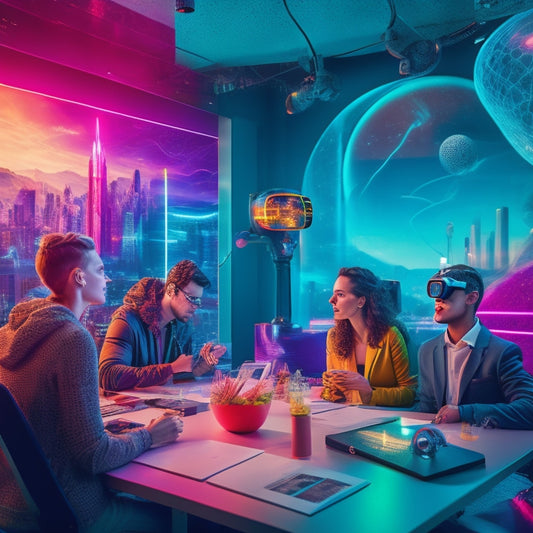 A futuristic, vibrant classroom scene: swirling colorful lights, students surrounded by holographic projections, robots, and virtual reality headsets, amidst a backdrop of cityscapes and global connections.