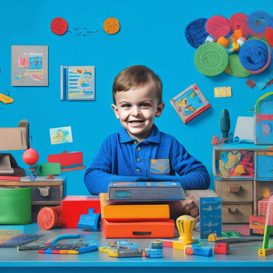 A colorful illustration of a happy, curious child surrounded by various learning tools, including tablets, laptops, educational toys, and books, with thought bubbles containing icons of puzzles, charts, and lightbulbs.