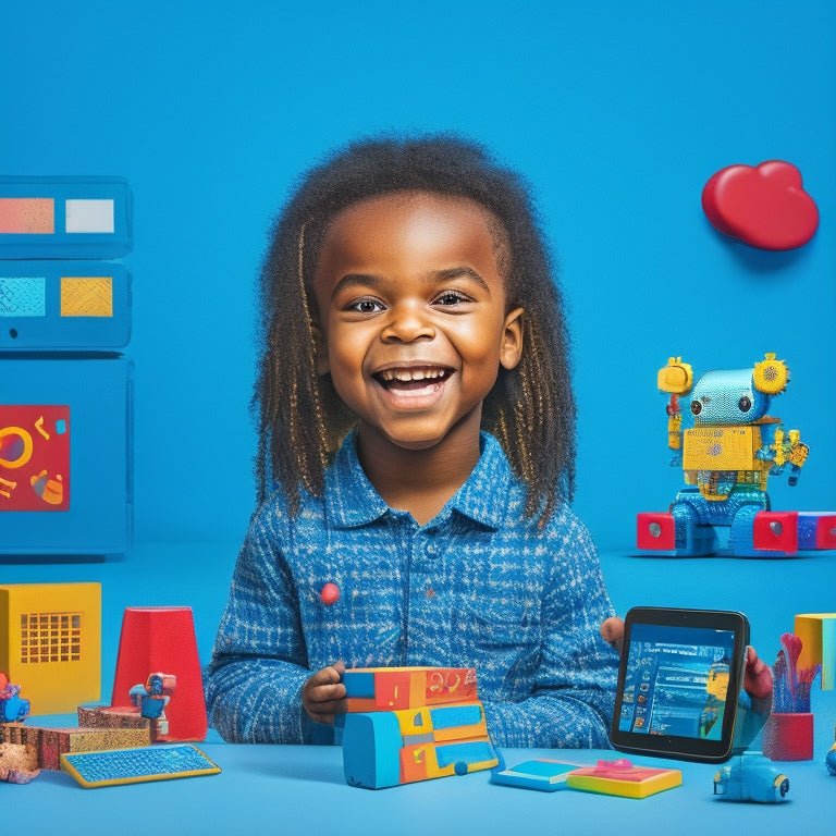 A colorful illustration of a smiling young child surrounded by digital devices, with augmented reality blocks, coding robots, and educational apps on tablets and smartphones, amidst a playful background of shapes and patterns.