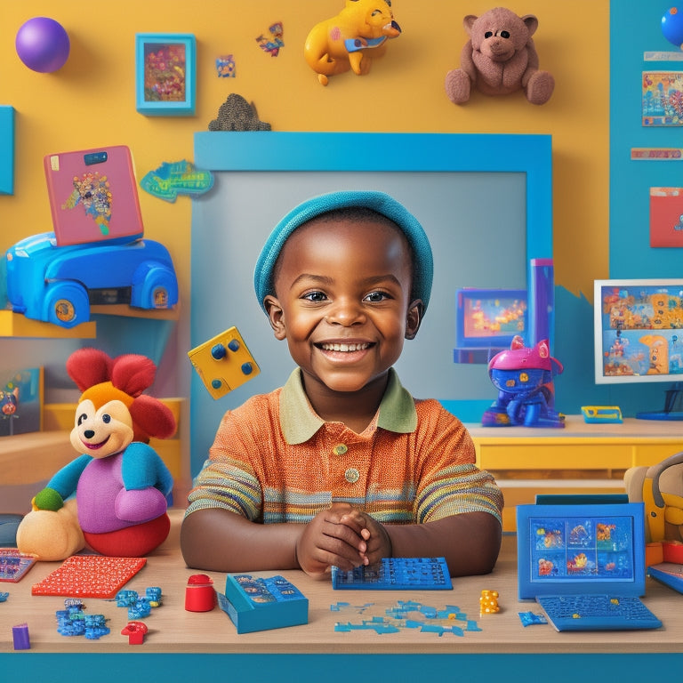 A colorful illustration of a smiling preschooler surrounded by tablets, laptops, and gaming consoles, with screens displaying educational games featuring cartoon animals, blocks, and puzzles.