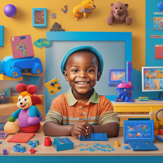 A colorful illustration of a smiling preschooler surrounded by tablets, laptops, and gaming consoles, with screens displaying educational games featuring cartoon animals, blocks, and puzzles.