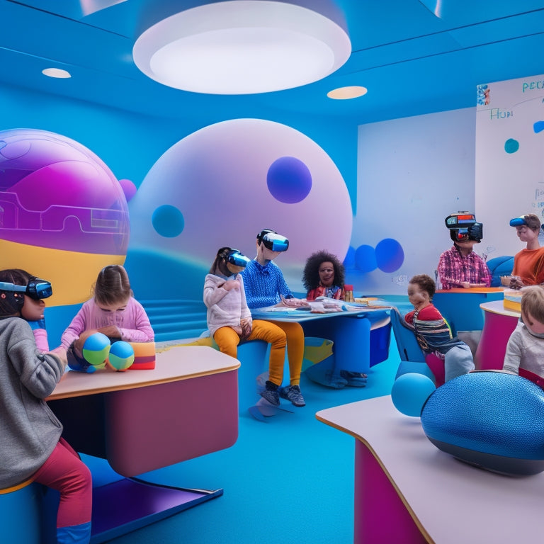 A colorful, futuristic classroom with diverse young learners wearing VR headsets, interacting with virtual characters, and manipulating 3D language blocks amidst a swirling vortex of flags, globes, and speech bubbles.