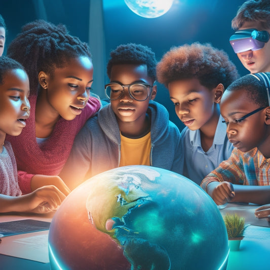 An illustration of a diverse group of students, aged 8-18, gathered around a glowing, futuristic globe, surrounded by floating math symbols, equations, and diagrams, with virtual reality headsets and tablets.