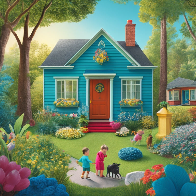 A warm and inviting illustration of Jennys House, featuring a bright and colorful exterior with a prominent front door, surrounded by lush greenery and a few children playing in the foreground.