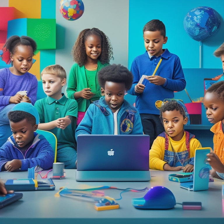 A colorful illustration of a diverse group of children with autism, each surrounded by unique, adaptive learning tools and technologies, such as tablets, headphones, and fidget toys, in a vibrant, futuristic classroom setting.