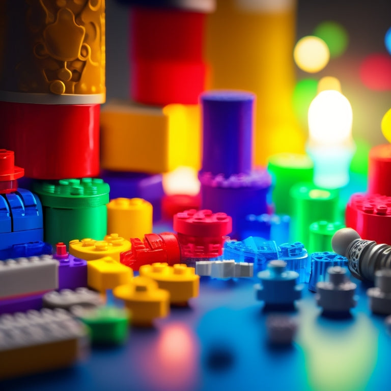 A colorful, abstract background featuring interconnected Lego bricks in various shapes and sizes, with lightbulbs, gears, and sparks emanating from the bricks, symbolizing creativity and innovation.