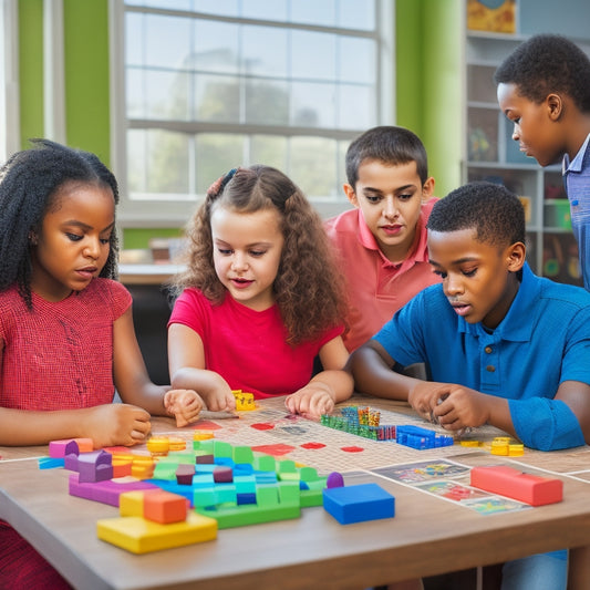 A colorful, clutter-free classroom scene with diverse students engaged in various math games, such as a geometry puzzle on a whiteboard, a math-themed board game on a table, and a student building with blocks.