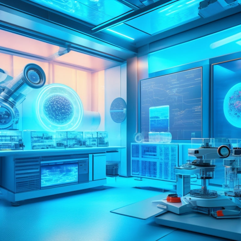 A futuristic laboratory setting with virtual reality headsets, microscopes, and various scientific equipment surrounded by screens displaying 3D molecular structures and astronomical visuals.