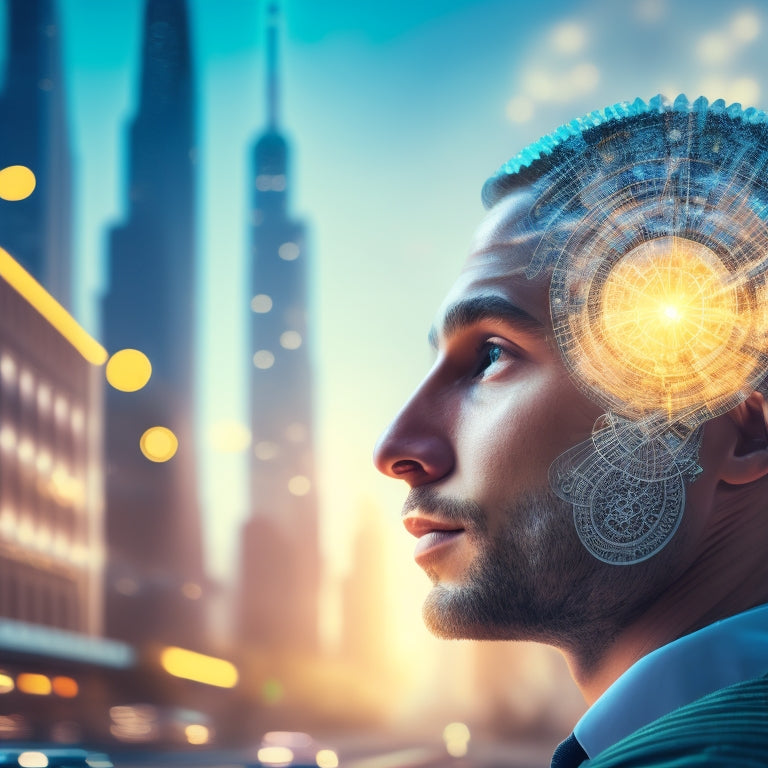 An illustration of a person surrounded by swirling mathematical symbols and shapes, with light bulbs and gears emerging from their head, amidst a subtle background of cityscapes and buildings.