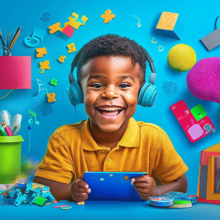 A colorful illustration of a smiling child surrounded by various digital devices, with thought bubbles containing icons of puzzles, books, and musical notes, amidst a subtle background of learning-related objects.