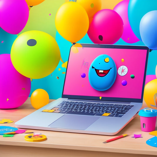 A colorful illustration of a smiling cartoon laptop surrounded by floating math symbols, shapes, and icons, with a subtle virtual classroom background and confetti-like digital papers swirling around.