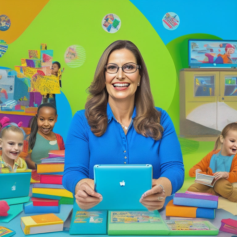 A colorful illustration of a smiling preschool teacher surrounded by digital devices, tablets, and laptops, with icons of e-books, reading games, and educational apps floating around her.