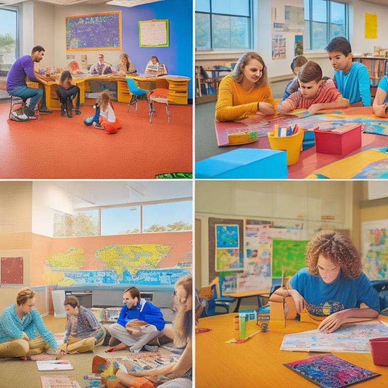 A vibrant, sunlit classroom filled with diverse students engaged in various activities: a group building a robot, a student reading a book, and others working on art projects, surrounded by colorful maps and inspirational quotes on the walls.