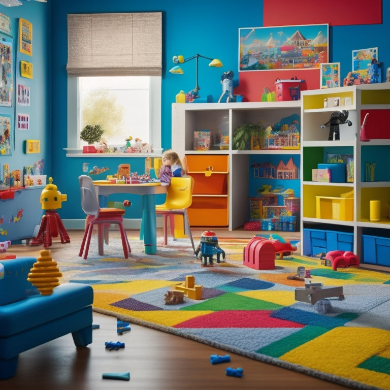 A colorful, clutter-free playroom with a mix of STEM toys, including building blocks, a kid-sized robot, a microscope, and a geometric shape puzzle, surrounded by curious, engaged children.