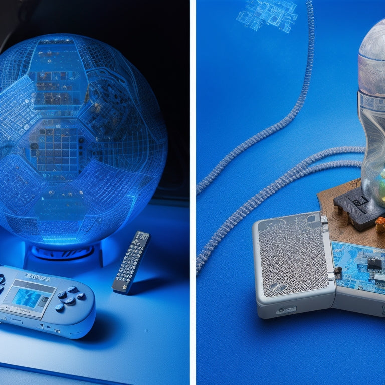 A split-screen image: on the left, a Wii remote and a globe, connected by swirling blue lines; on the right, a Nintendo DS with a puzzle piece fitting into place, surrounded by gears and circuits.