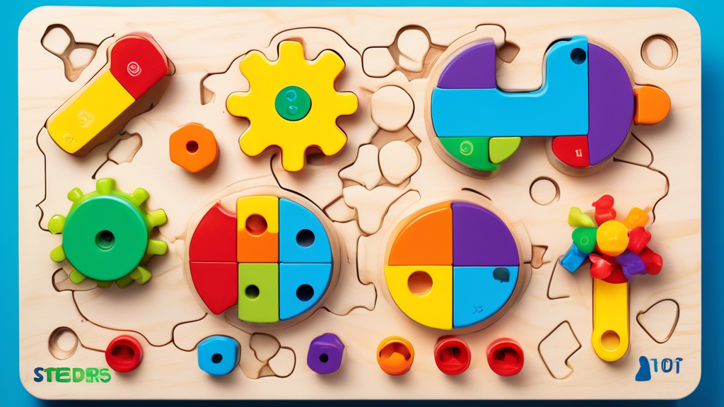 Create an image of a colorful and engaging STEM toy puzzle specifically designed for toddlers, featuring various shapes, numbers, and letters. The puzzle should showcase interactive elements like gears, buttons, and sliders, captivating the attention