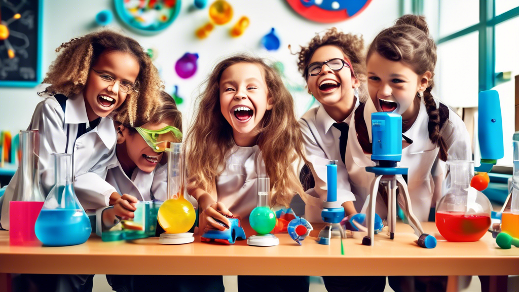 A group of children in a science classroom, surrounded by colorful and interactive science equipment, laughing and having fun while learning about science.