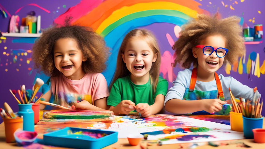 Create an imaginative and colorful scene featuring kids engaged in fun and easy art projects. Show children happily working on various creative activities such as painting, drawing, or crafting with enthusiasm and joy. Include a diverse group of chil