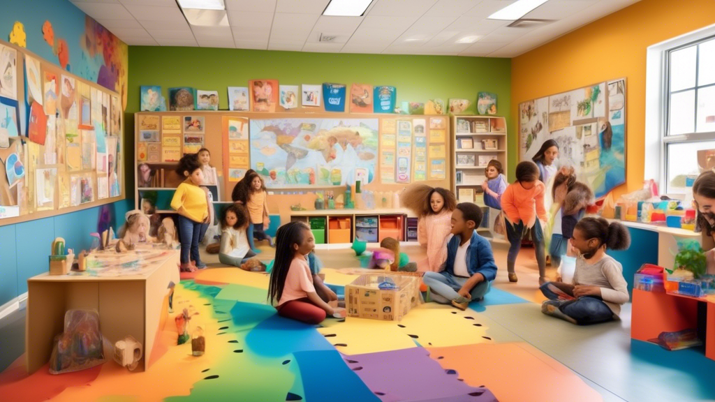 A vibrant and playful classroom scene, where children of diverse backgrounds are actively engaged in cooperative and imaginative play, surrounded by materials and activities that foster social-emotion