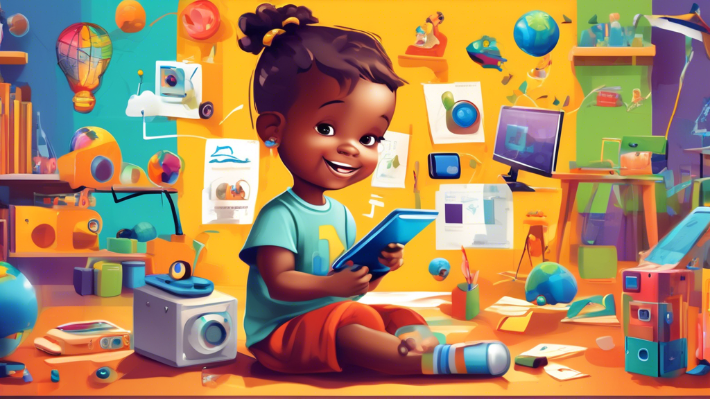 Create an artistic portrayal of technology integrated seamlessly into early childhood education, showcasing its impact on learning, engagement, and collaboration. Depict children interacting with digi