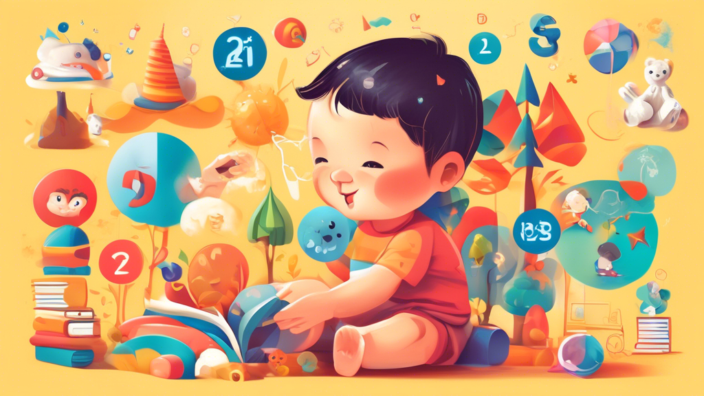 A vibrant and colorful illustration depicting significant cognitive developmental milestones achieved during childhood, from infancy to adolescence. The image highlights key aspects of intellectual成長,