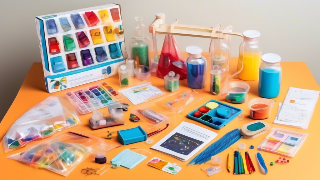 A colorful and interactive science kit laid out on a table, filled with hands-on experiments and materials, encouraging exploration and discovery for young learners, with a focus on accessibility and 