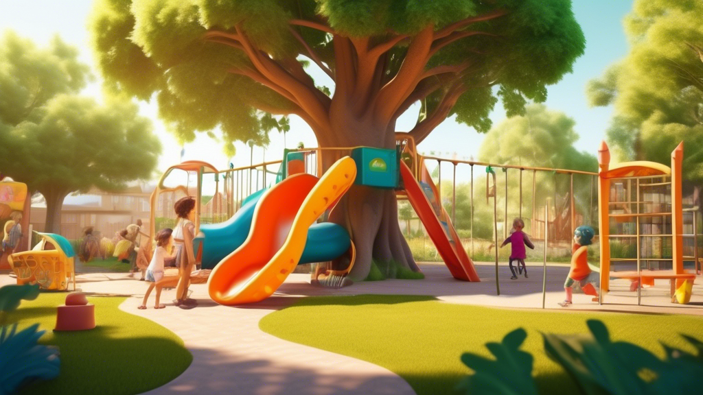 **Prompt for DALL-E:**

An outdoor playground scene where children are engaged in various imaginative and joyful play, surrounded by lush greenery and warm sunlight. The playground features colorful e