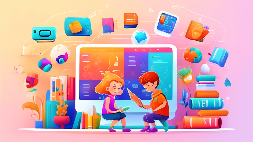 A colorful, interactive digital library designed for young learners, filled with engaging games, animations, and books that bring literacy to life, making learning fun and accessible