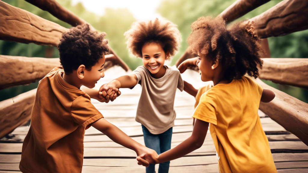 Two hands, one brown and one white, reaching out from opposite sides of a broken bridge with a mixed-race group of children smiling and holding hands in the background.