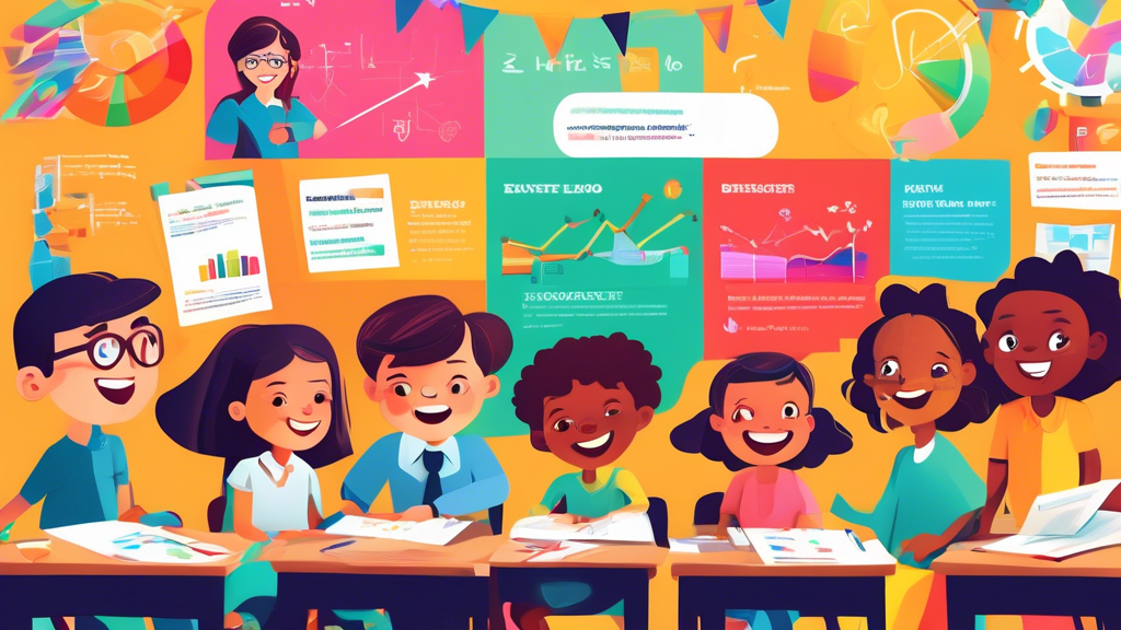 A vibrant classroom filled with children and a teacher smiling, surrounded by colorful graphs, charts, and inspirational quotes that promote a growth mindset