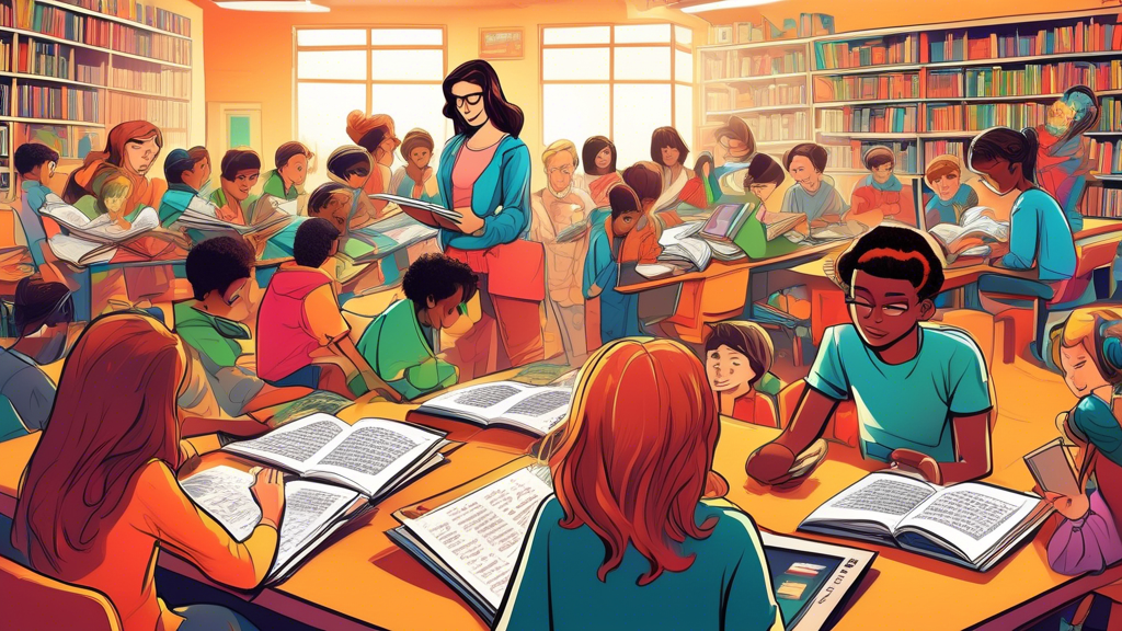 A classroom full of students reading graphic novels on digital tablets, while a librarian watches over them. Make the artwork bright and colorful, and show the students enjoying their reading.
