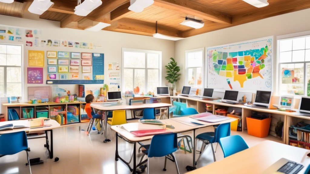 A panoramic photo of a bright and modern homeschooling room filled with digital learning tools and resources. The room is equipped with laptops, tablets, and interactive whiteboards. Children of vario