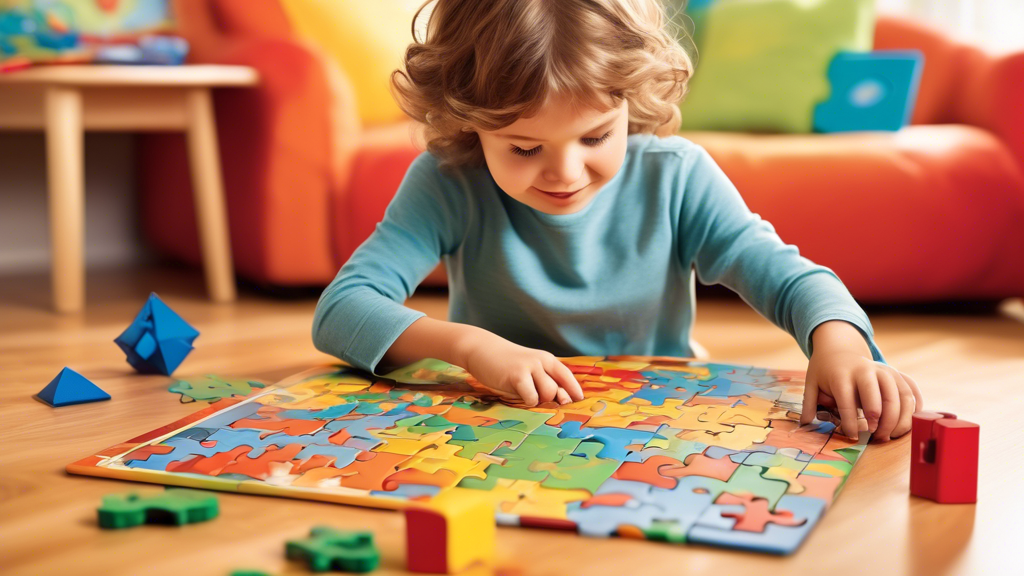 Create an image of a child successfully completing a complex educational puzzle, showcasing their improved motor skills and problem-solving abilities. The puzzle should be colorful and engaging, with various shapes and designs to challenge the child'