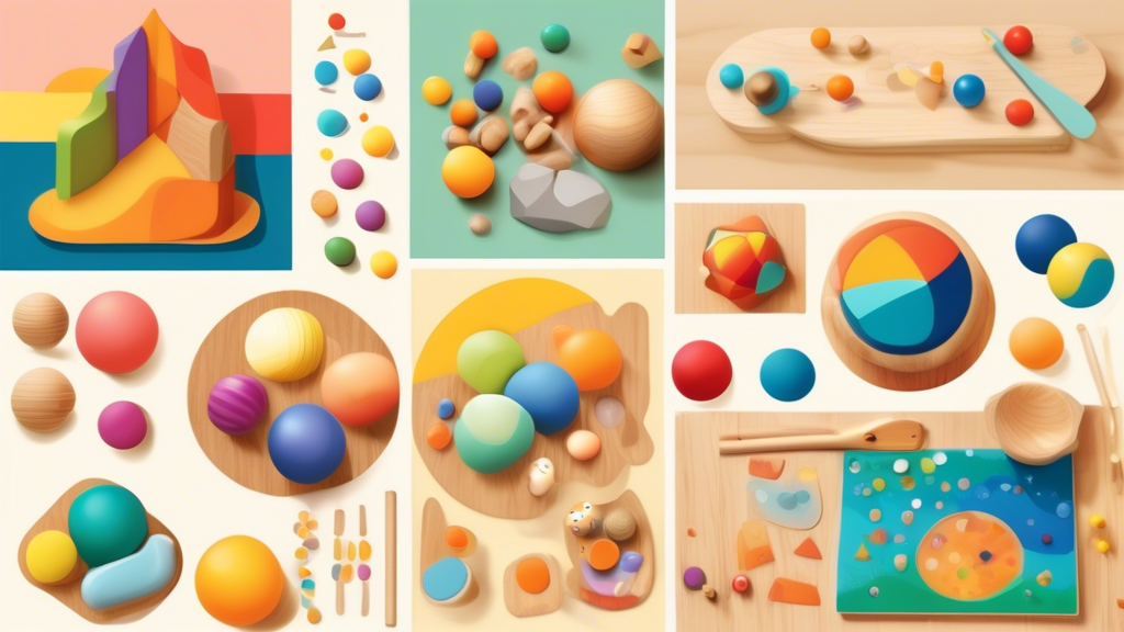 Create an image of a colorful and inviting Montessori-inspired sensory play area, showcasing an array of tactile and sensory toys such as wooden puzzles, textured balls, sensory bins with various materials, and other sensory learning tools. The space