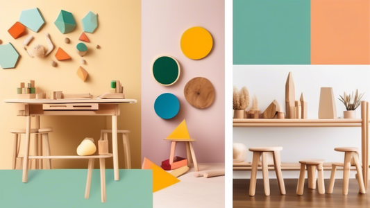 Two images side by side. On the left, a classroom with colorful and geometric shapes, representing a Montessori classroom. On the right, a classroom with natural materials and soft colors, representin