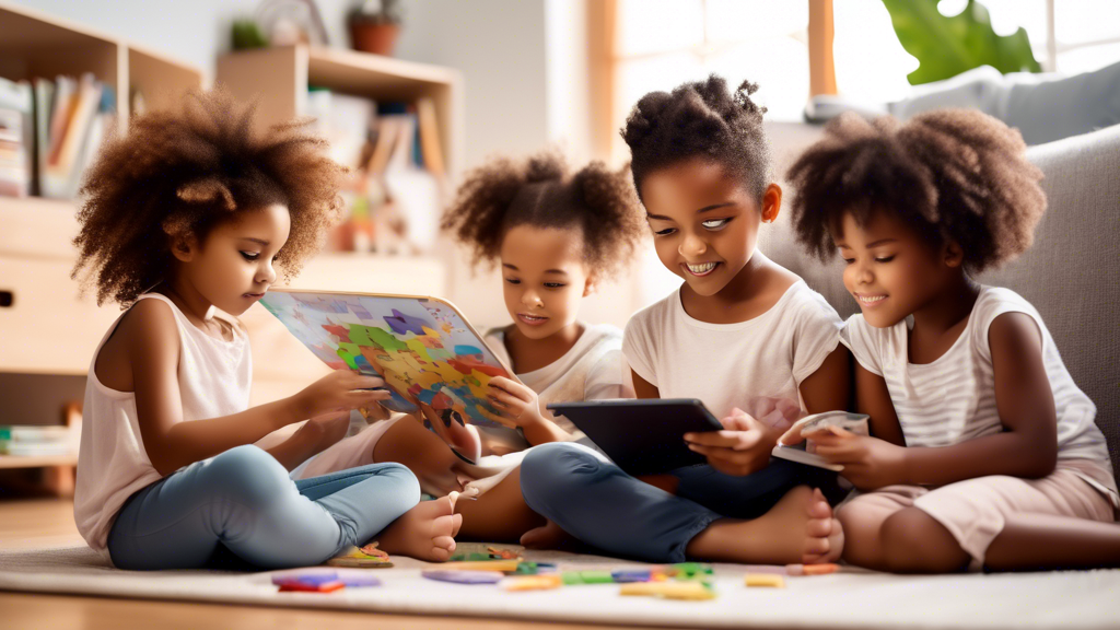 Create an image of a diverse group of young children engaging in healthy screen time activities, such as reading, drawing, doing puzzles, or playing educational games on tablets. Show them in a cozy and well-lit environment, surrounded by books and e